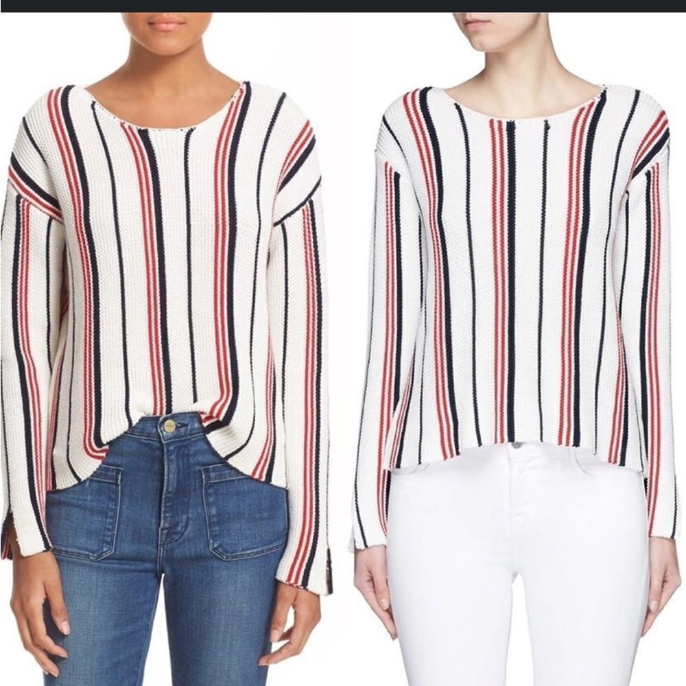 Frame Le Cropped‎ Sweater White striped Pullover size L knit crewneck knit